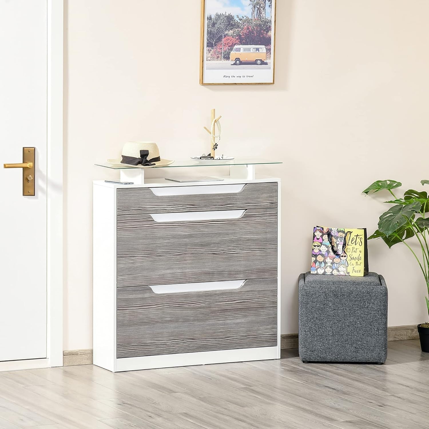 Grey Shoe Cabinet w/Flip Doors, Drawer & Glass Top – Holds 16 Pairs