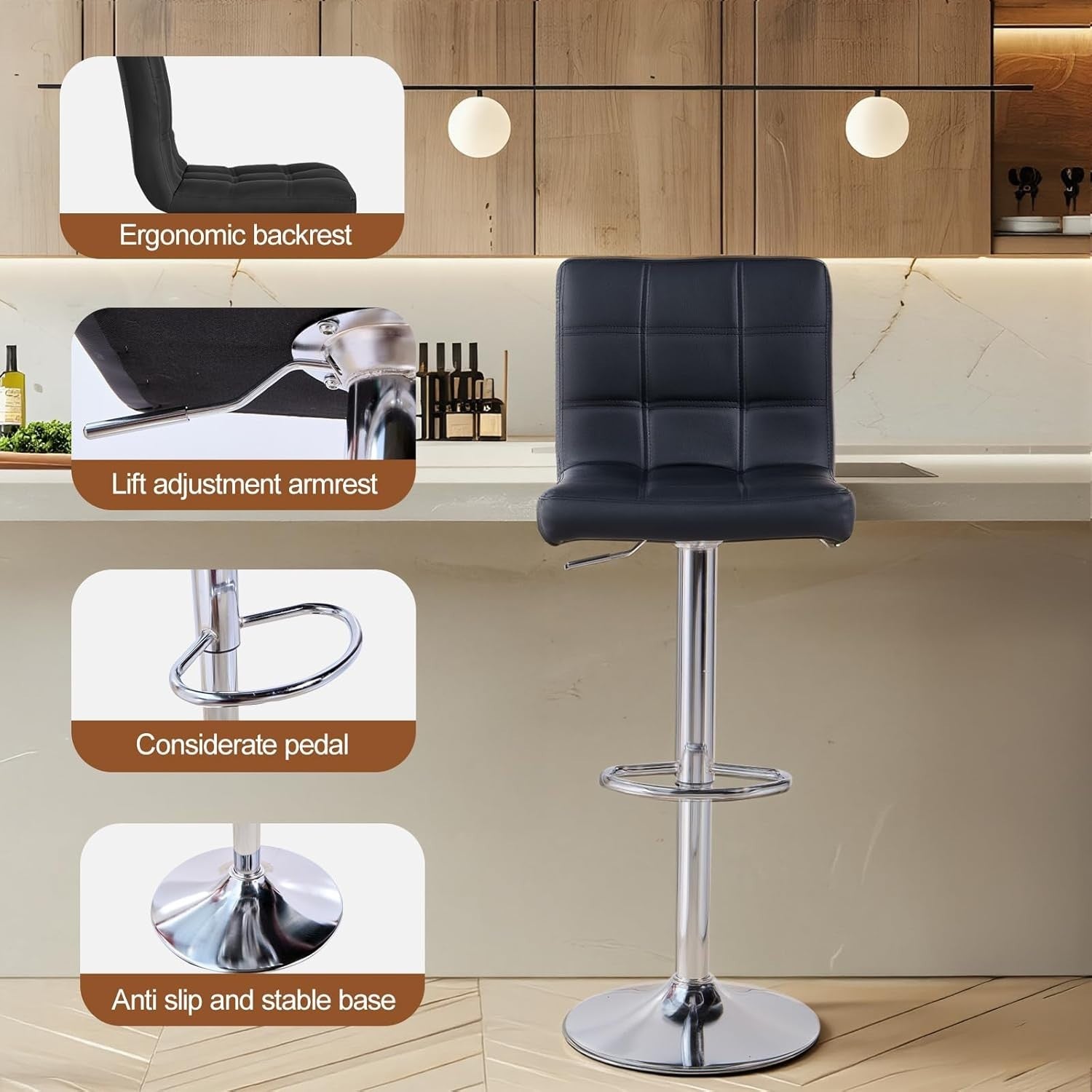 2PC Black PU Leather Bar Stools – Adjustable 360° Swivel Kitchen Chairs