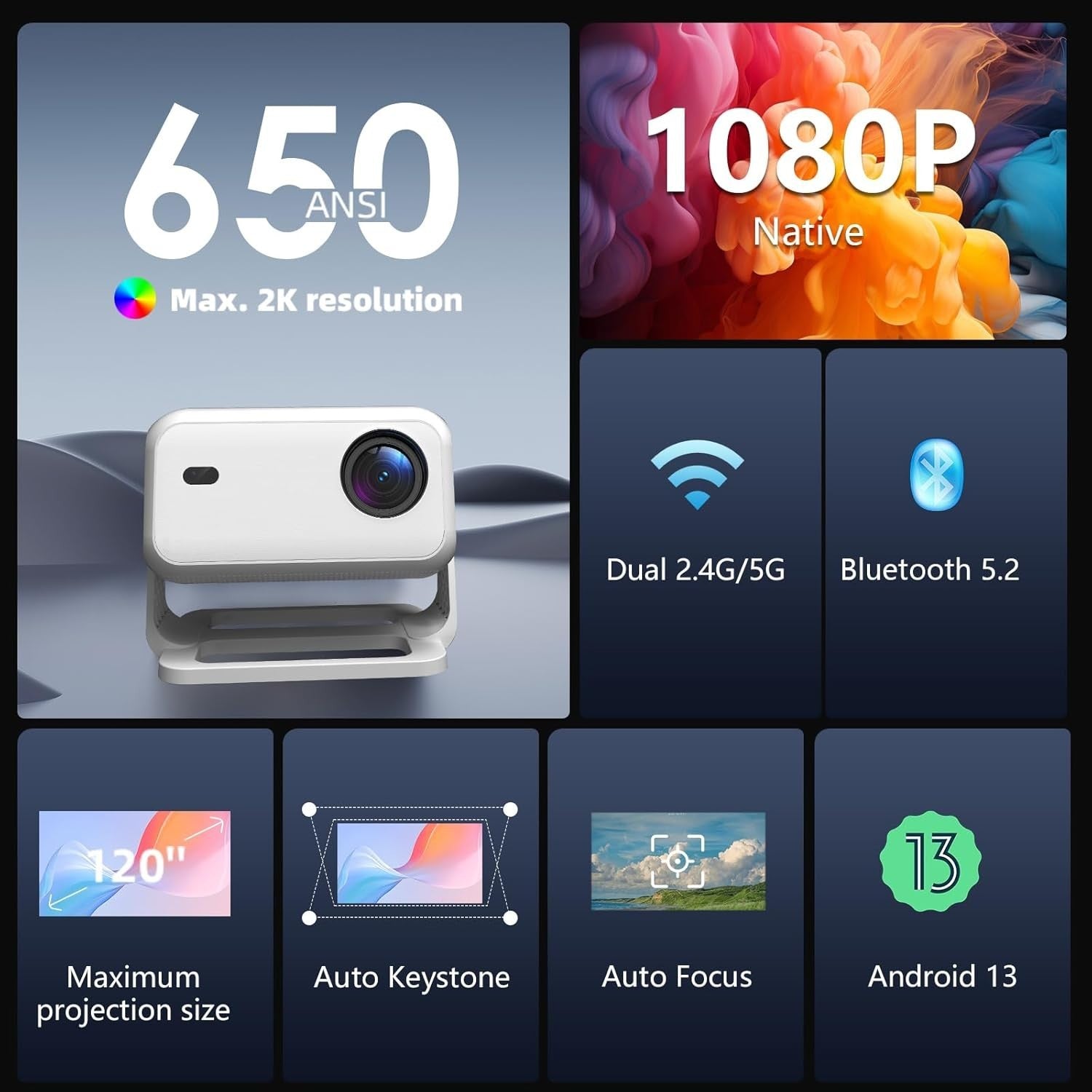 Smart 1080P Projector Netflix Android WiFi 6 Bluetooth Auto Focus
