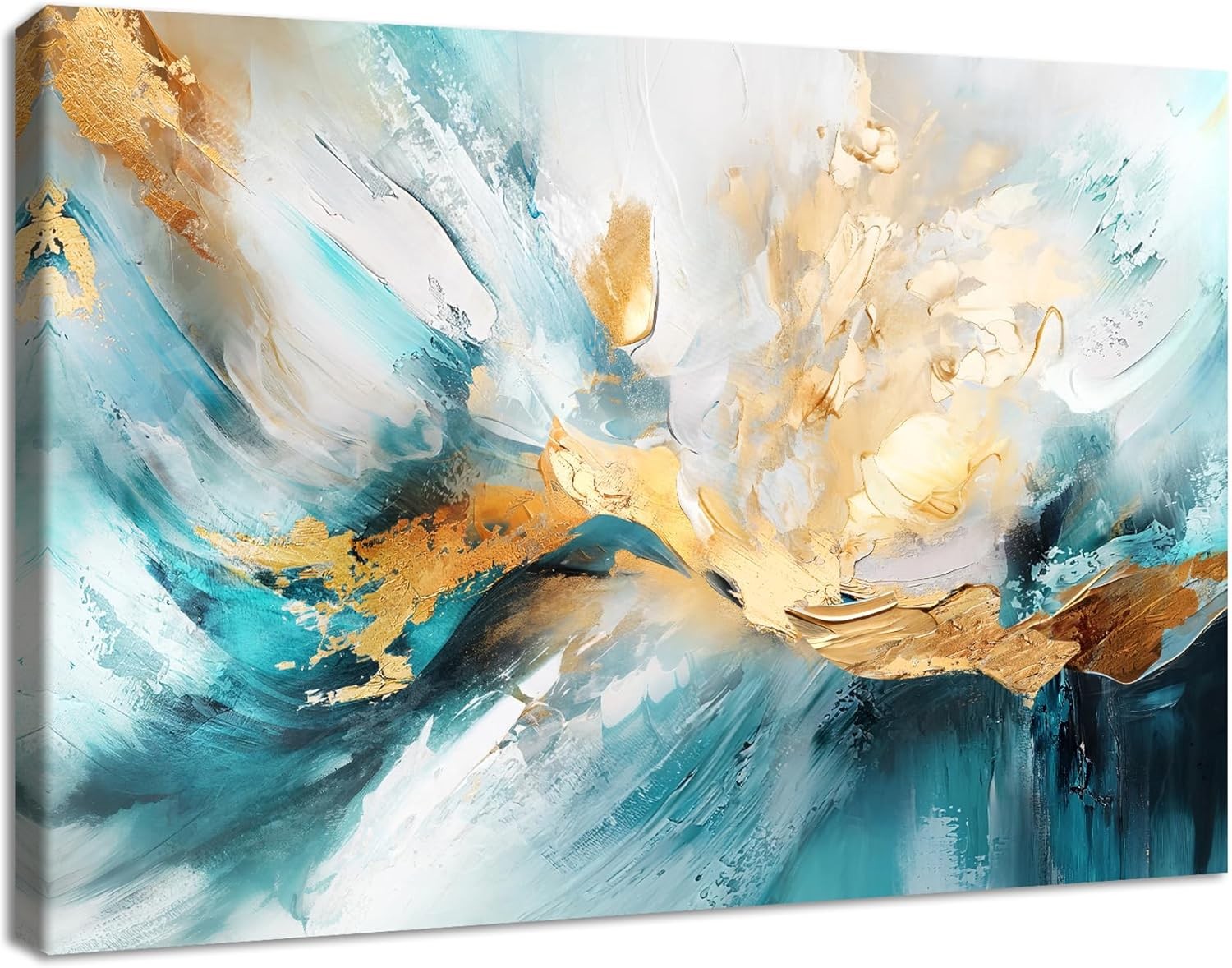 Large Abstract White Green Gold Canvas Wall Art 120x80 cm Framed