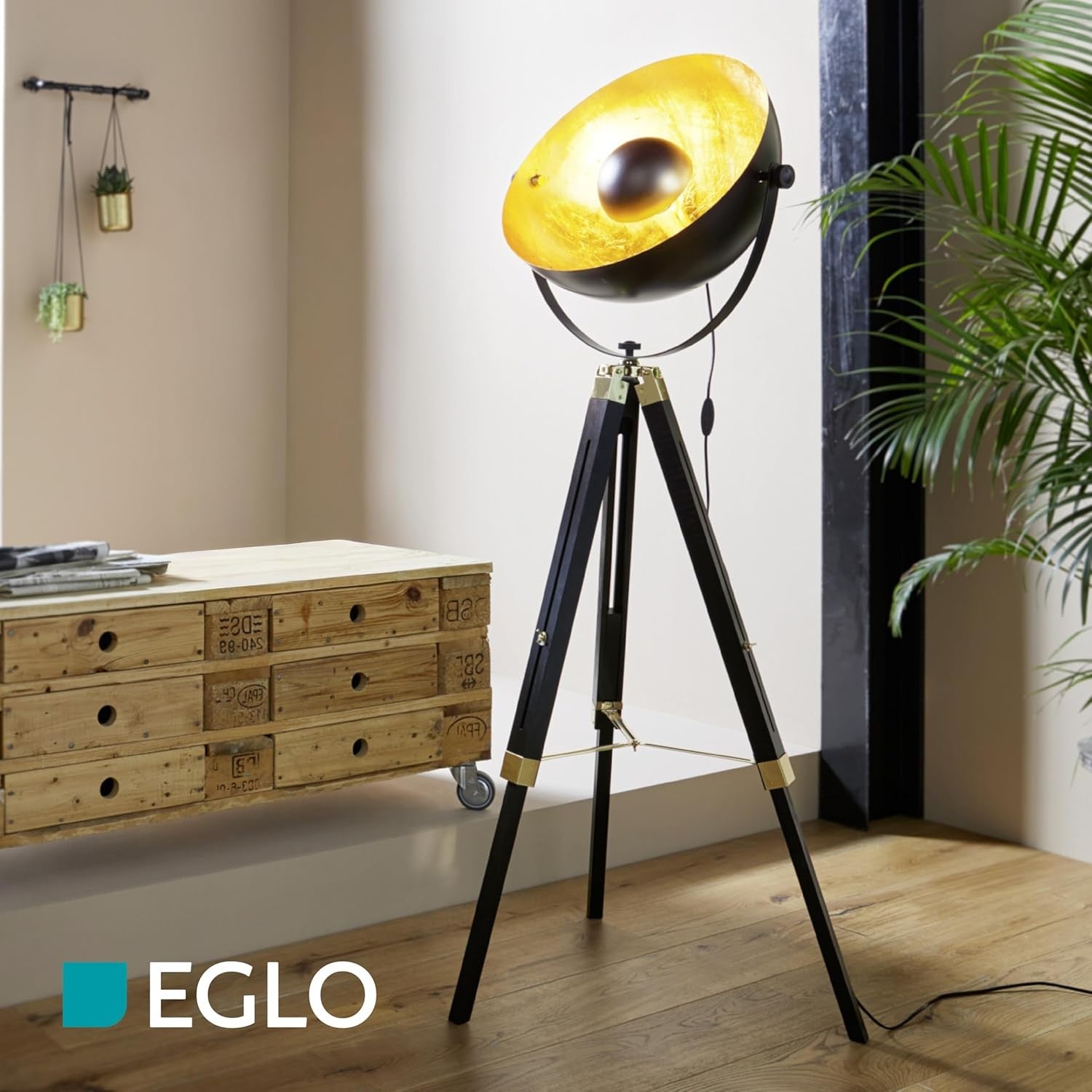 Industrial Tripod Floor Lamp Black Gold Brass Wood Vintage Studio Light