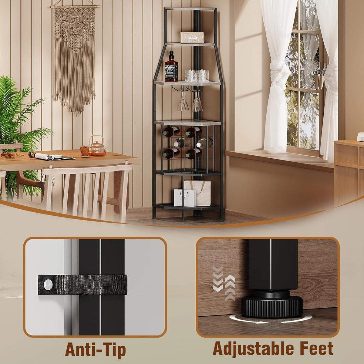 5-Tier Corner Wine Rack with Glass Holder Grey Bottle Storage Home Bar Shelf