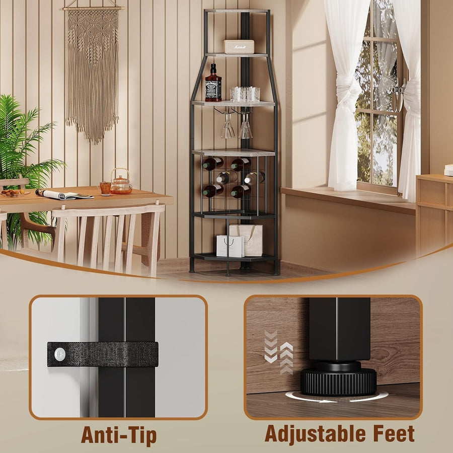 5-Tier Corner Wine Rack with Glass Holder Grey Bottle Storage Home Bar Shelf