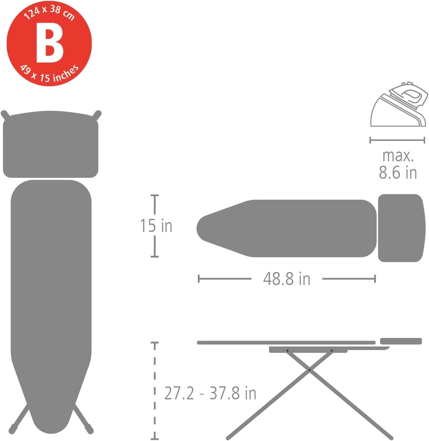 Ironing Board with XL Steam Unit Holder Adjustable Height Non-Slip 124x38cm