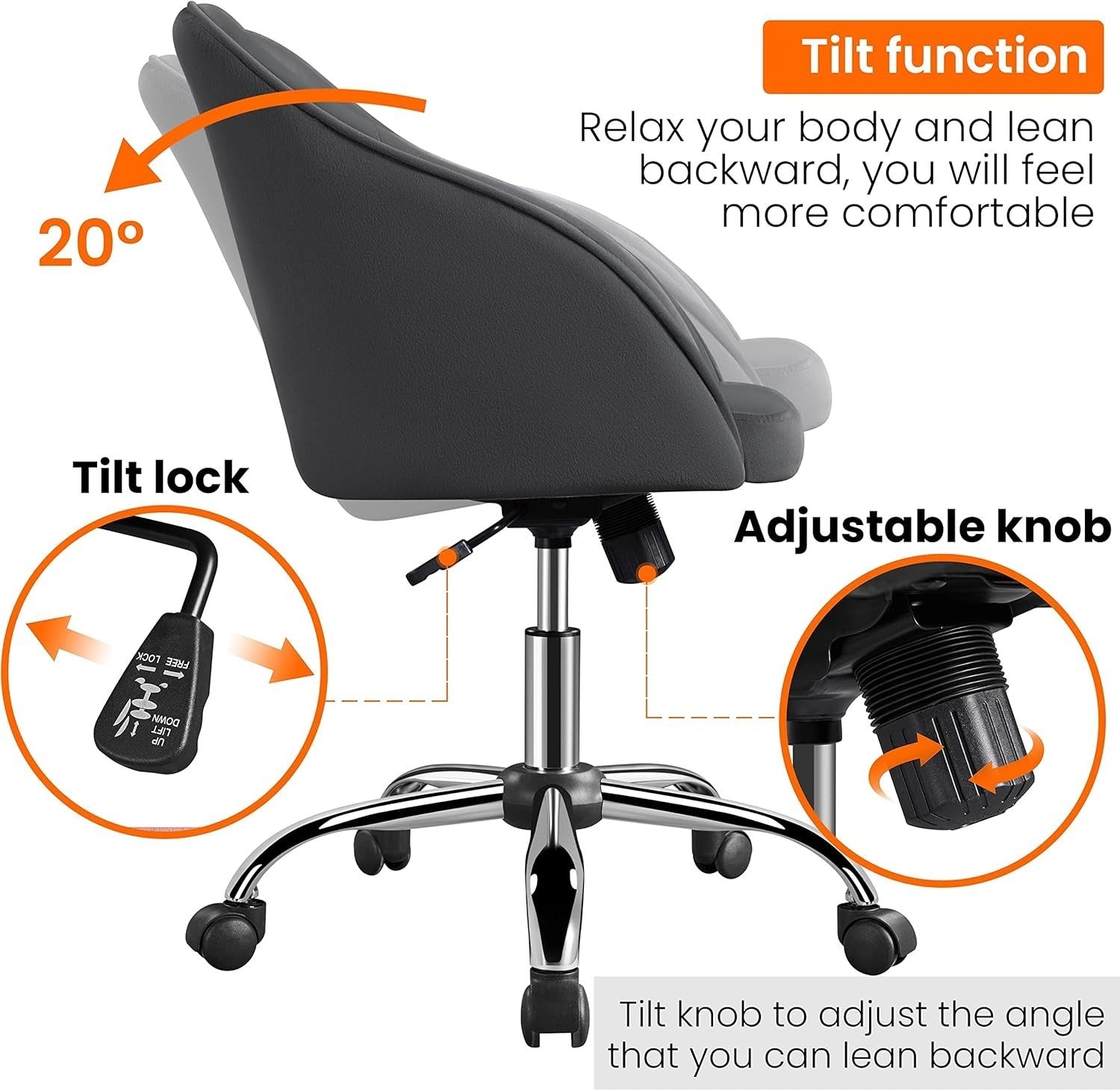 Ergonomic Grey Velvet Office Desk Chair Swivel Adjustable Height Home Armchair