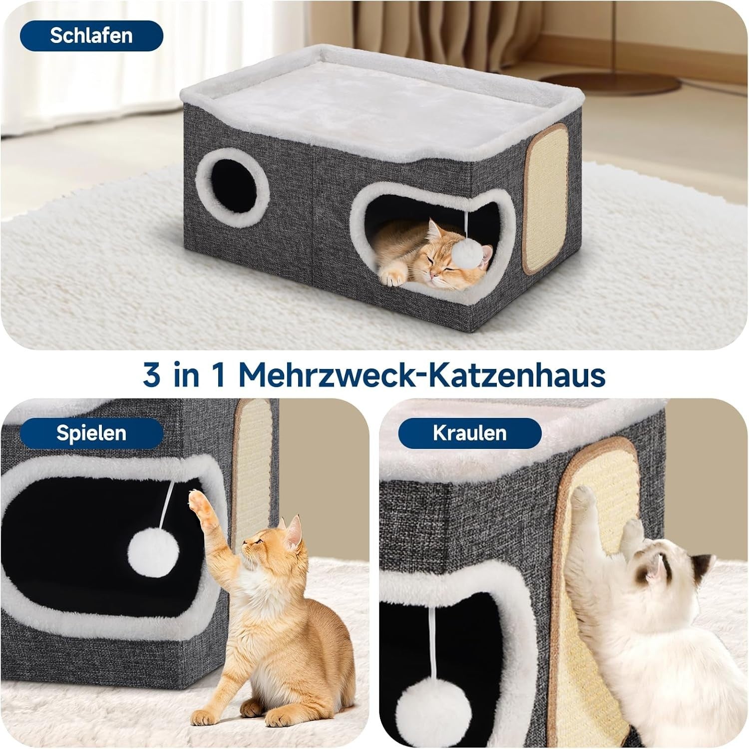 Extra Wide Cat Cube House 2 Layer Cat Cave Bed Foldable w Scratch Pad