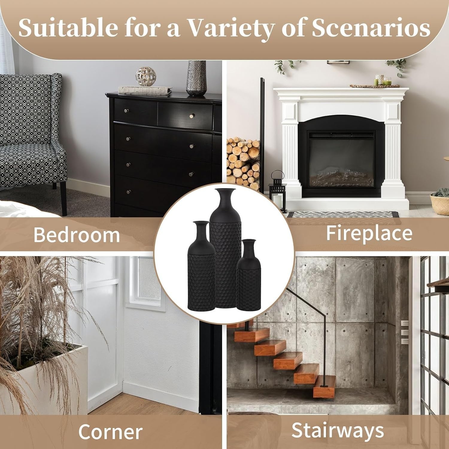 Large Black Floor Vase Set Tall Metal Standing Vases Modern Home Decor