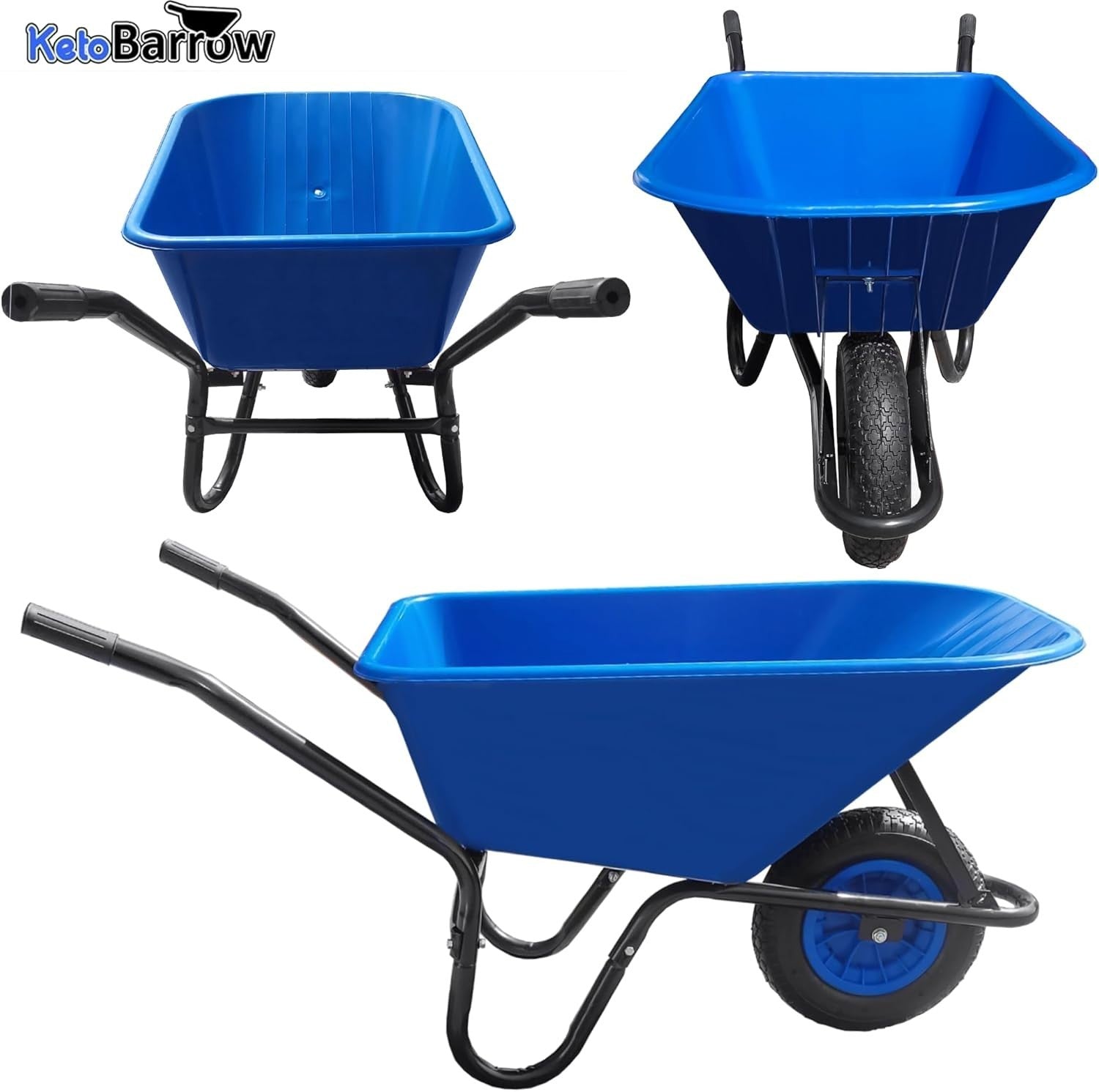 110L - Pneumatic Tyre Wheelbarrow - Blue - Plastic Tray, Steel Frame, 150kg Cap