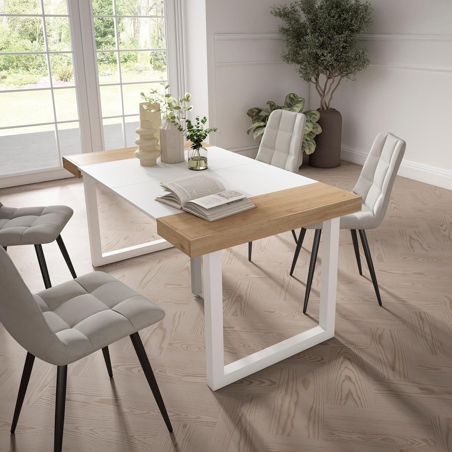 Extendable Folding Dining Table for 8, Oak & White, Solid Legs