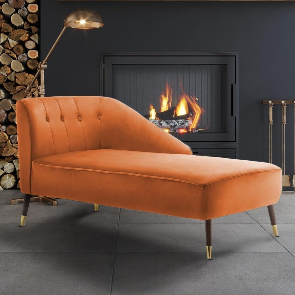 Modern Orange Velvet Tufted Right Hand Chaise Lounge Chair Bedroom 160cm.