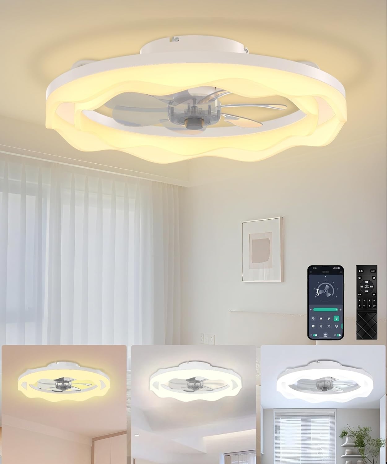 20" Ceiling Fan Light, 6 Speeds, Dimmable, Reversible, App & Remote