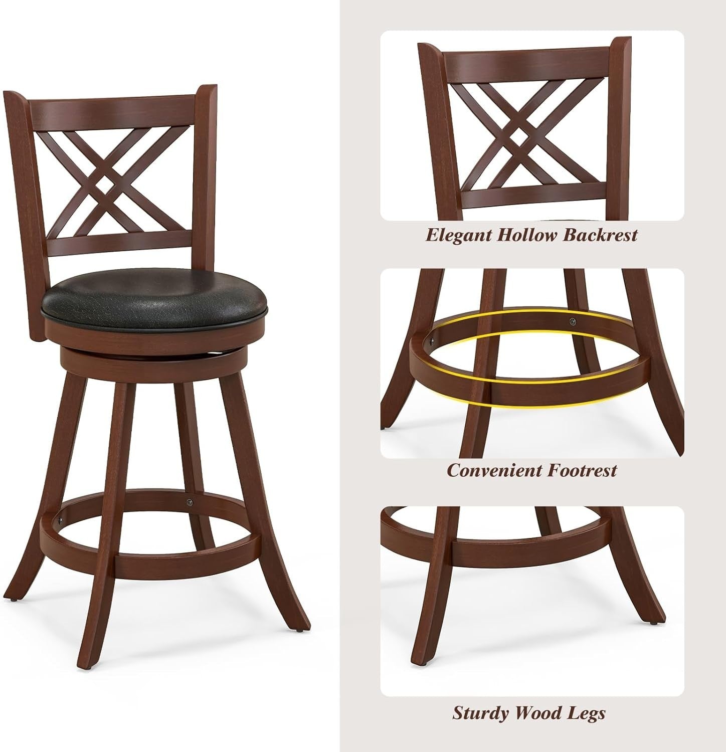Espresso Black Swivel Bar Stools Set of 2 – Rubber Wood Counter Chairs 96 cm