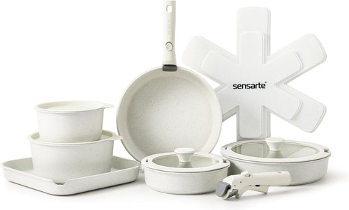 17pcs White Non Stick Cookware Set Detachable Handle Induction Oven Safe