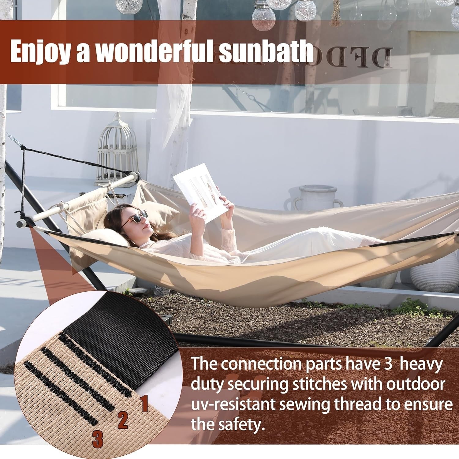 12FT Anti-Flip Double Hammock with Iron Spreader Bars & Nylon Ropes, 450LB