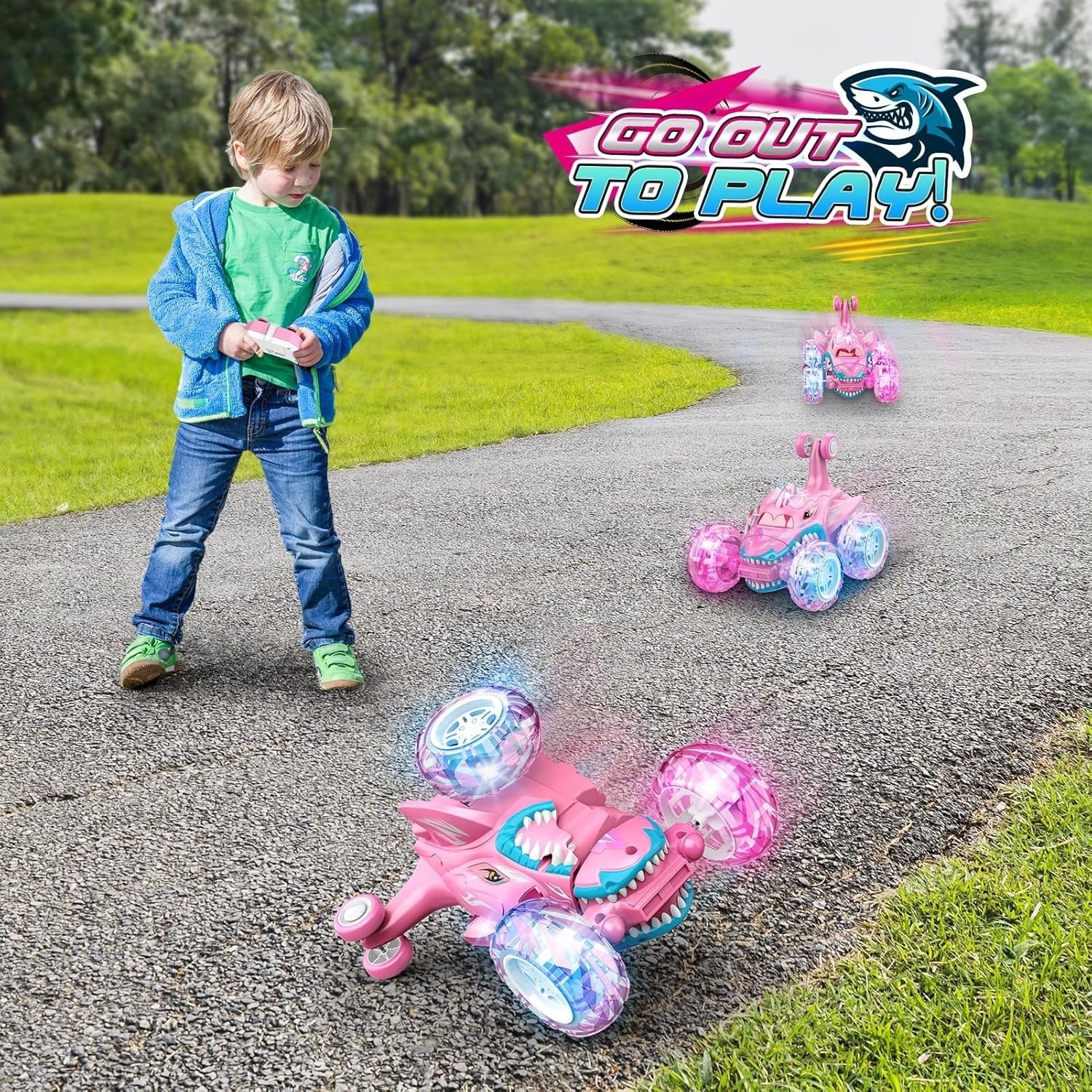 Girls RC Car 360° Flip LED Shark Toy Monster Truck Gift 5 6 7 8 Year Old Kids