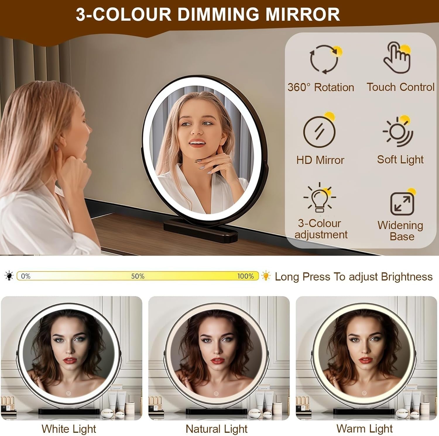 Modern Smart Dressing Table Vanity Desk with Mirror, Wireless Charger, 3-Color L