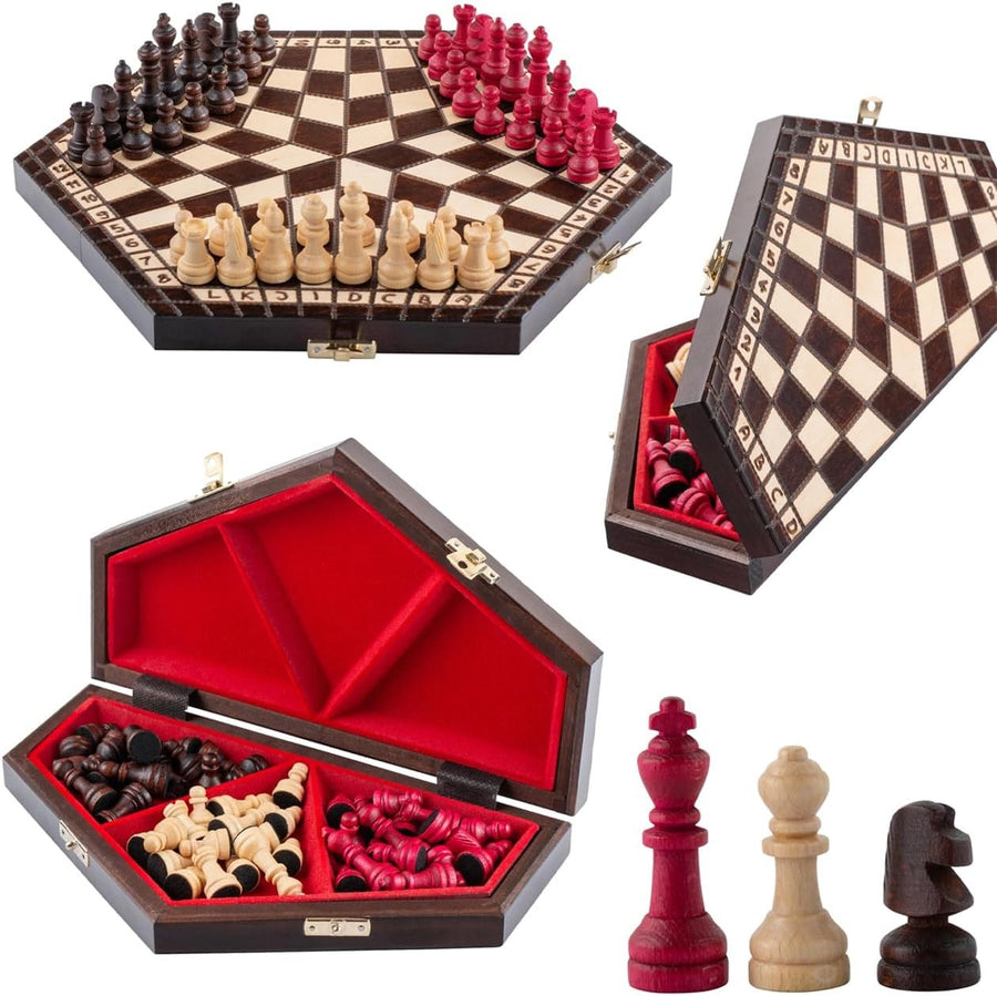 3-Player Wooden Chess Set Hexagonal Board 28×33cm Handcrafted Travel Game