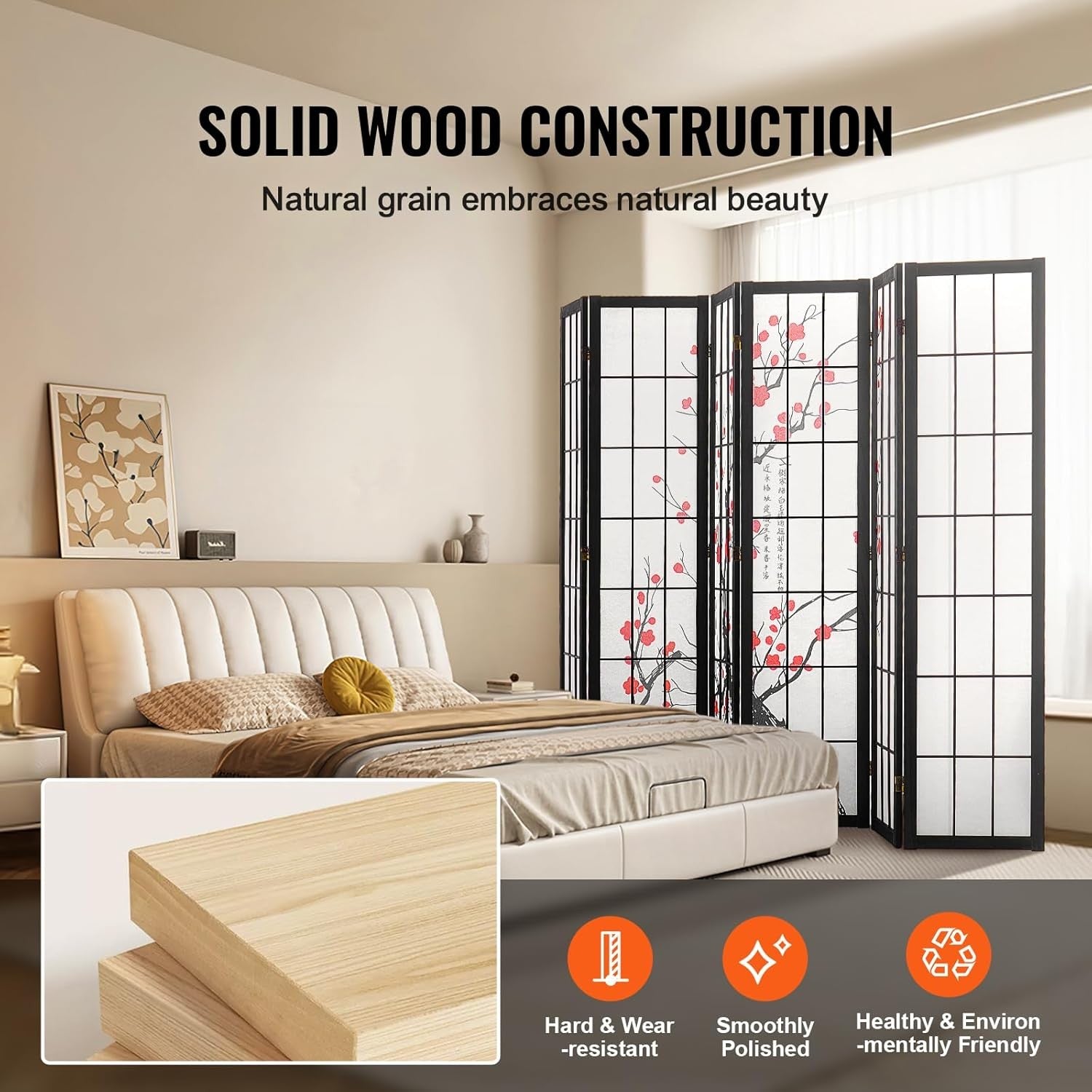 6 Panel White Folding Room Divider Cherry Blossom Privacy Screen 240x170cm