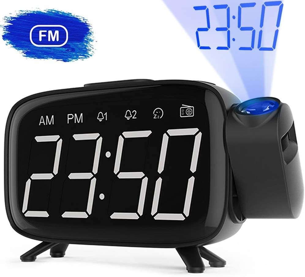 Projection Alarm Clock FM Radio 180° Ceiling Display Snooze LED Digital