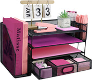 4-Tier Mesh Desk Organizer with Drawer & Pen Holders – Office File Tray