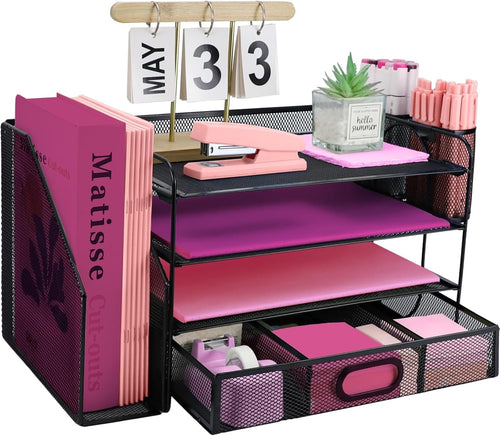 4-Tier Mesh Desk Organizer with Drawer & Pen Holders – Office File Tray