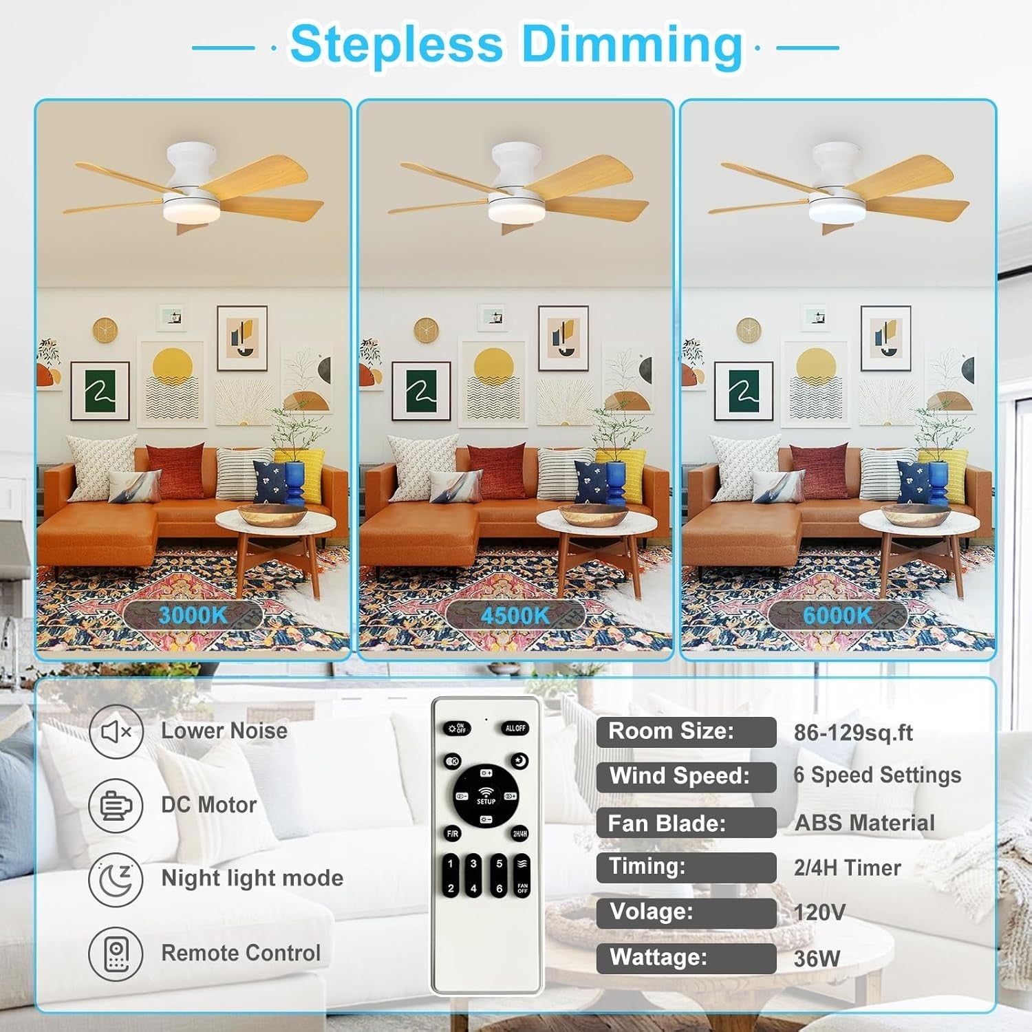 35-Inch Ceiling Fan with Light 5 Blades 6 Speeds Remote Timer