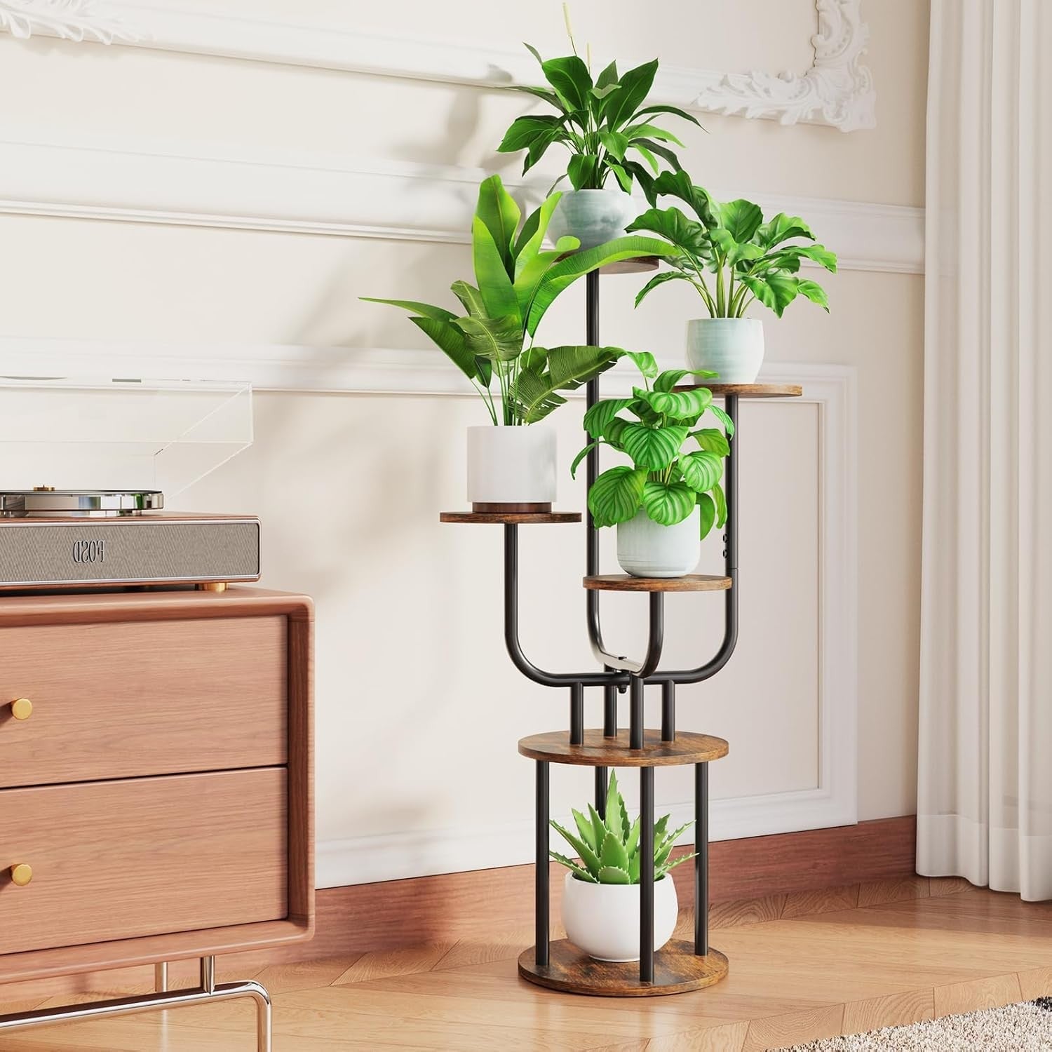 6 Tier Metal Wood Plant Stand with Grow Light Indoor Corner Shelf Rack Brown