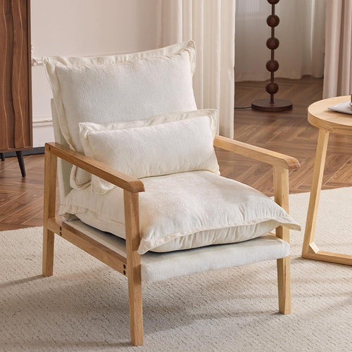 Cozy Mid-Century Modern Wooden Armchair with Lumbar Pillow & Thick Cushion