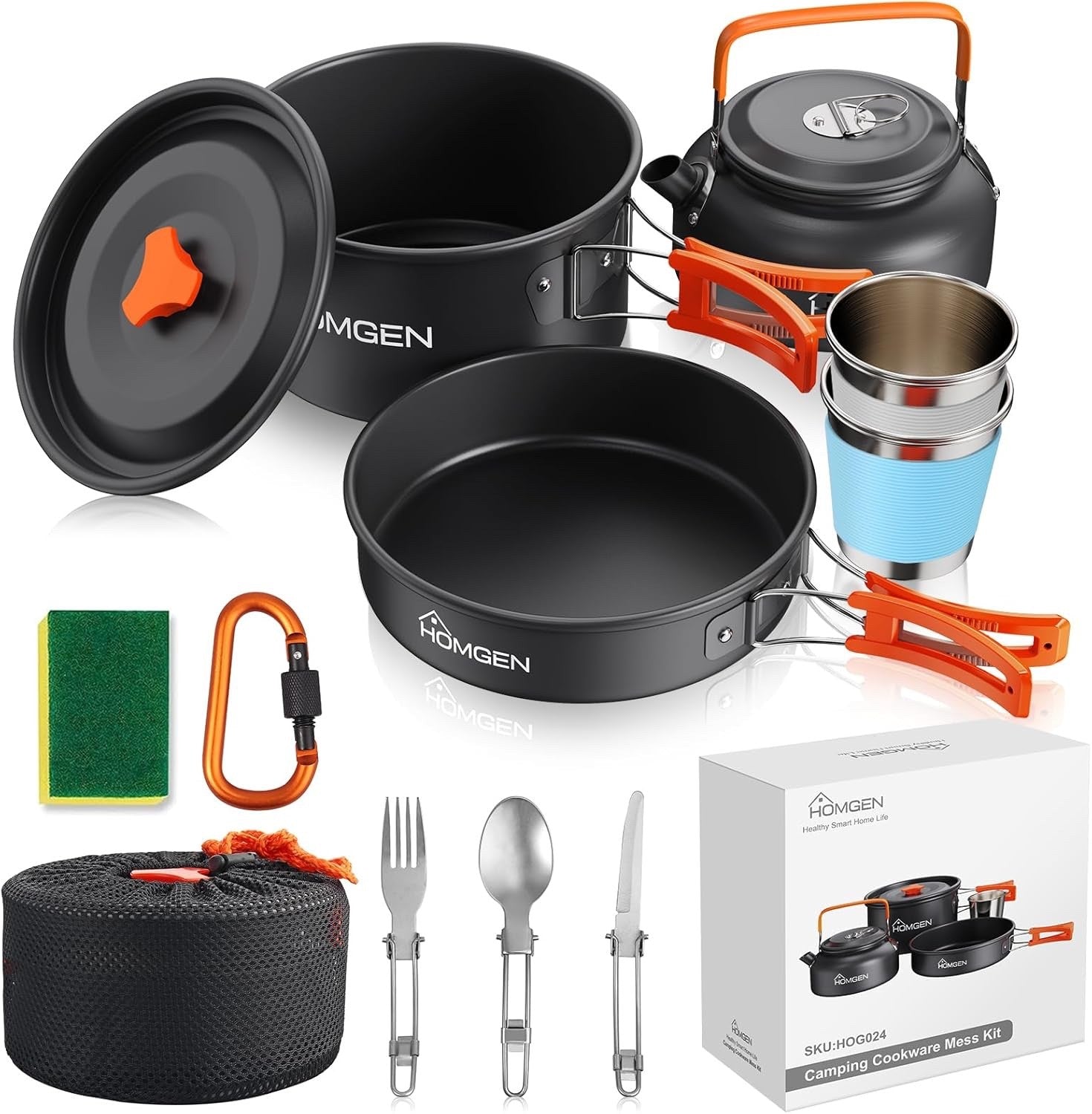 Orang Camping Cookware Set with Pot Frying Pan, Kettle & Utensils for 2–3 People