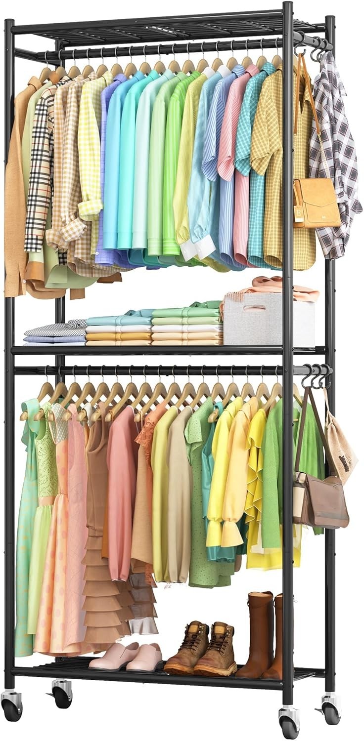 Heavy Duty Clothes Rail with Shelves & Wheels – Black 202cm
