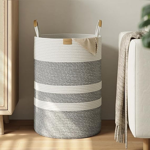 95L Foldable Laundry Basket with Leather Handles, Large Woven Hamper Grey Stripe