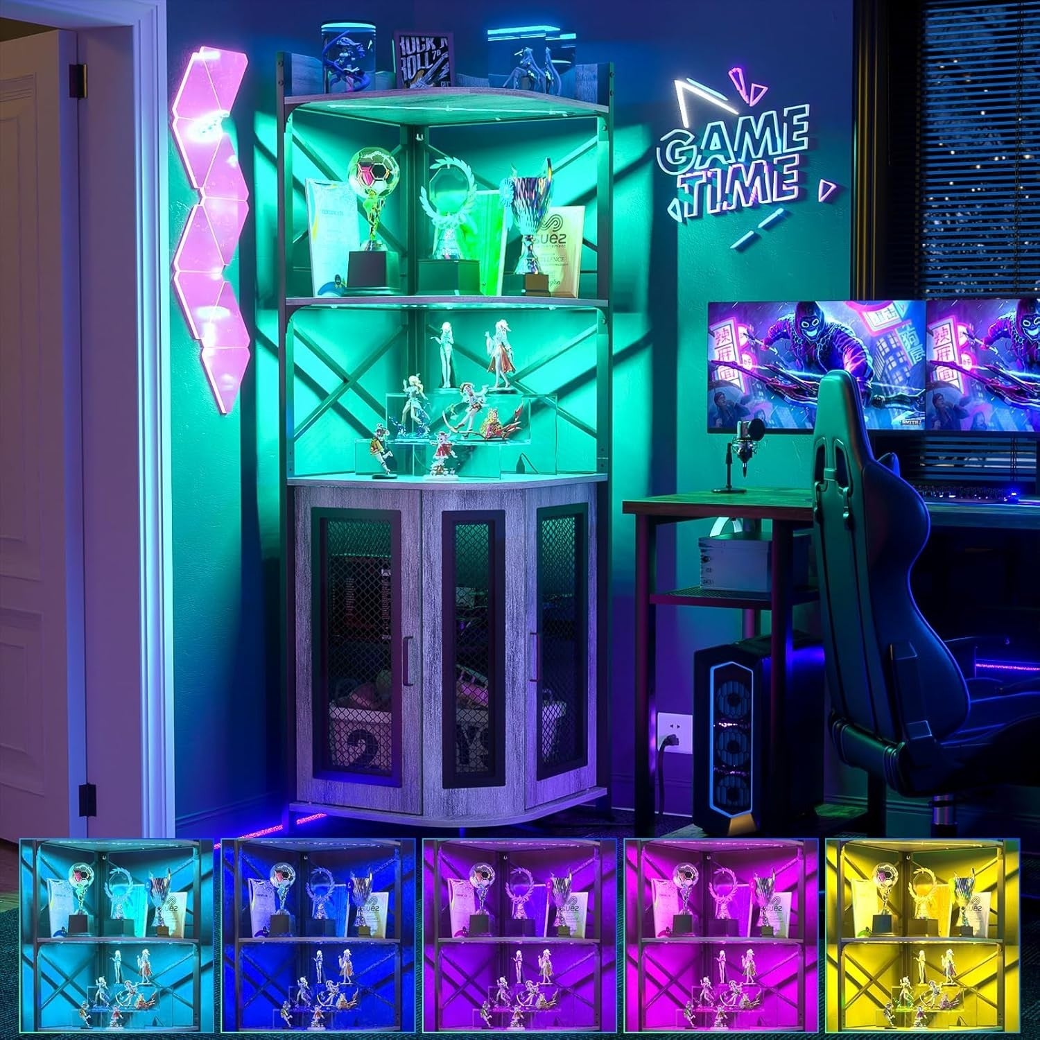 Corner Bar Cabinet with LED Lights & Power Outlets, 5-Tier Liquor Wine Storage