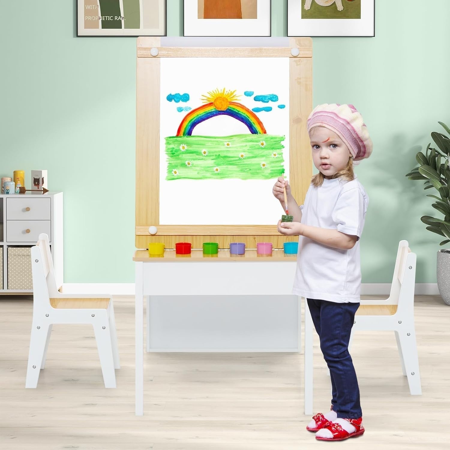 Kids 2-in-1 Art Table & Chair Set with Easel, Storage Bins & Paper Roll