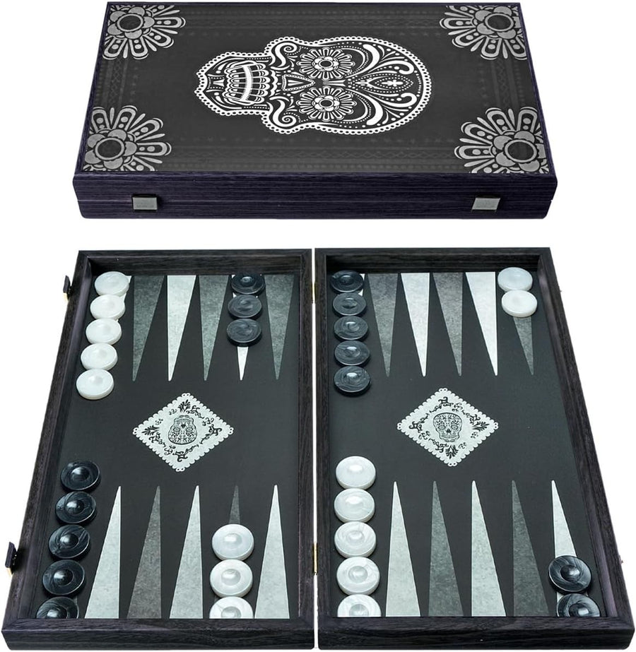Luxury Backgammon Set Skull Art Design Folding Board 19in Collectors Game