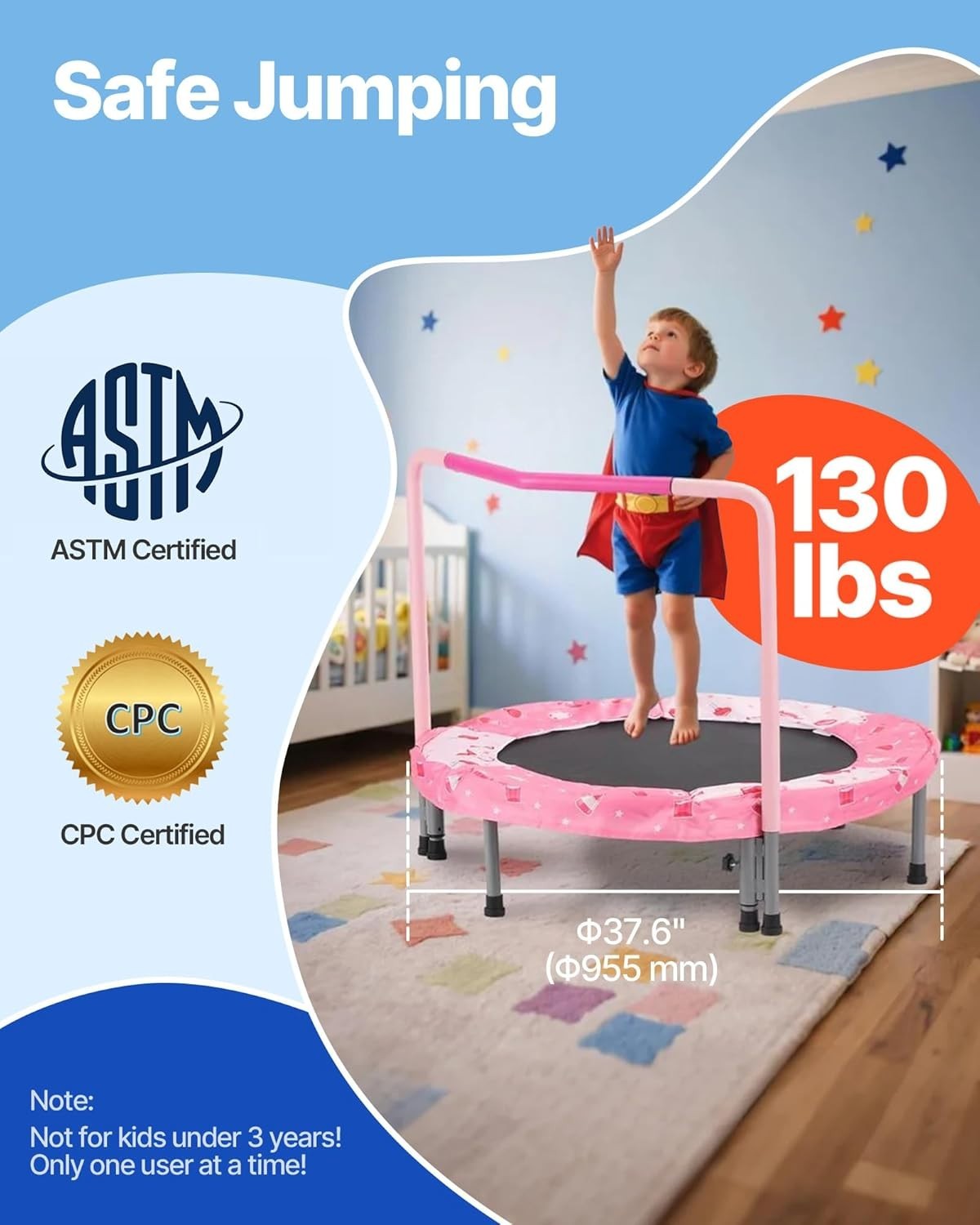 36'' Kids Mini Trampoline Foldable Quiet Rebounder Handle Indoor Outdoor