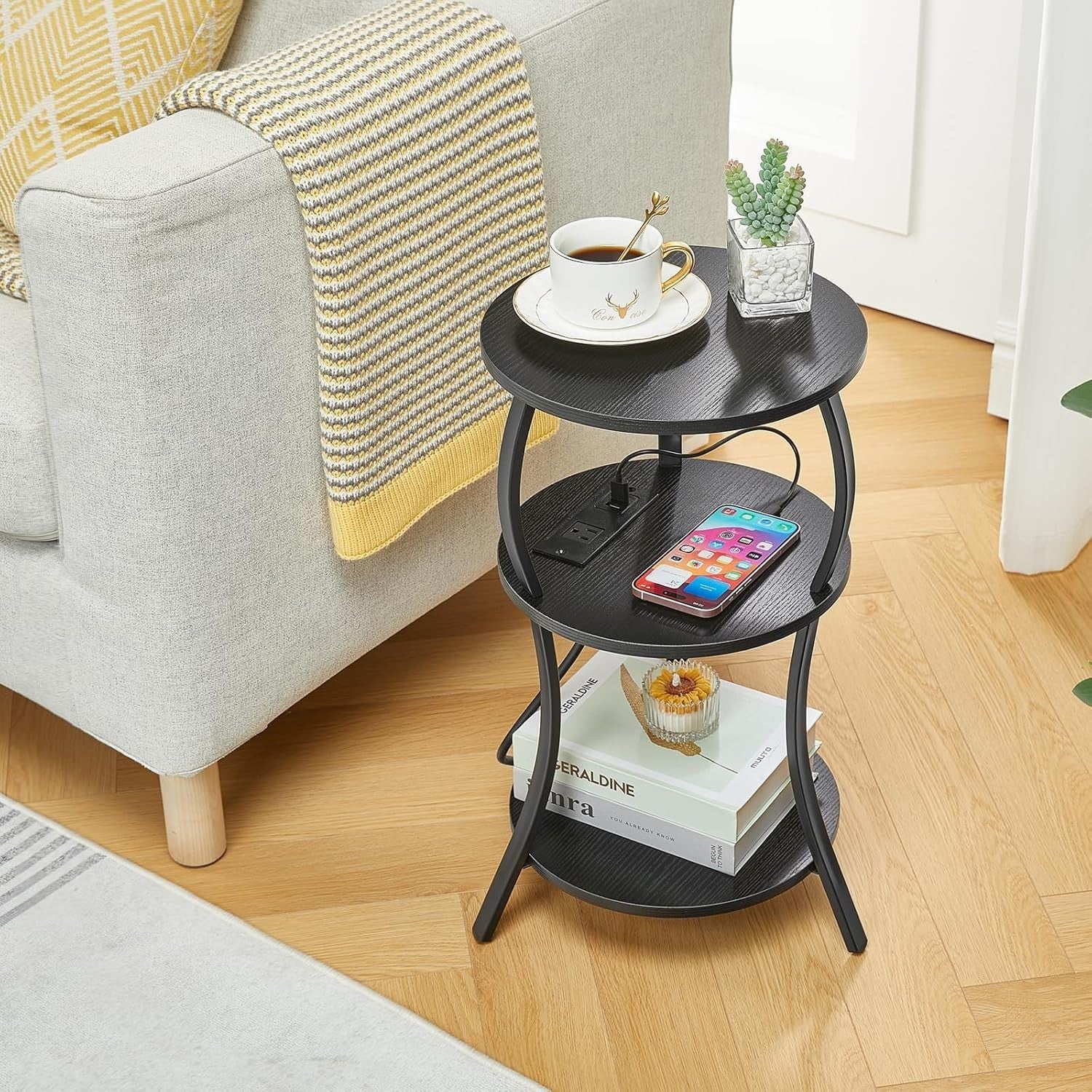 Black 3-Tier Round Side Table 30x30x55 cm | Slim End Table w/ USB & Storage