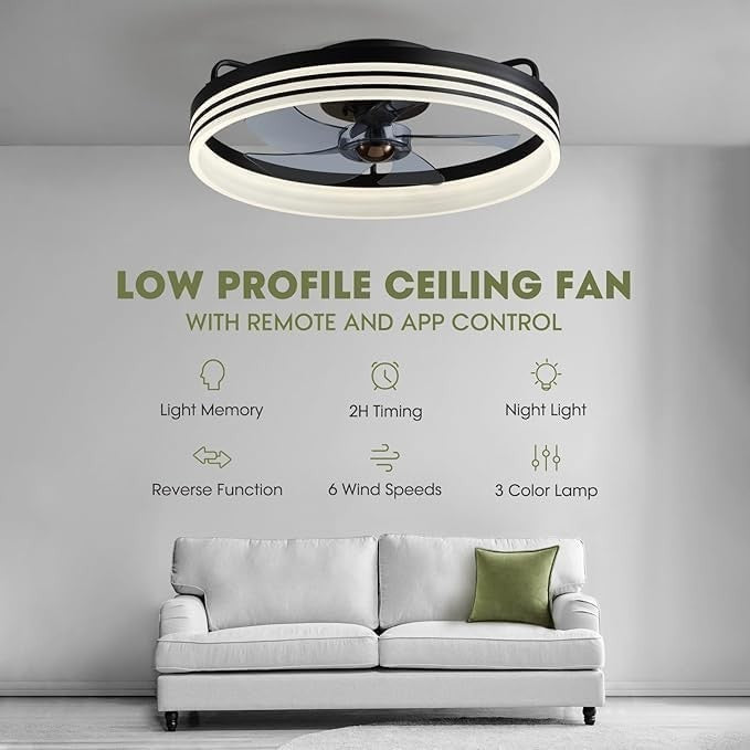 50cm Modern Black Ceiling Fan Light with Remote & App, 6 Speeds, Dimmable LED