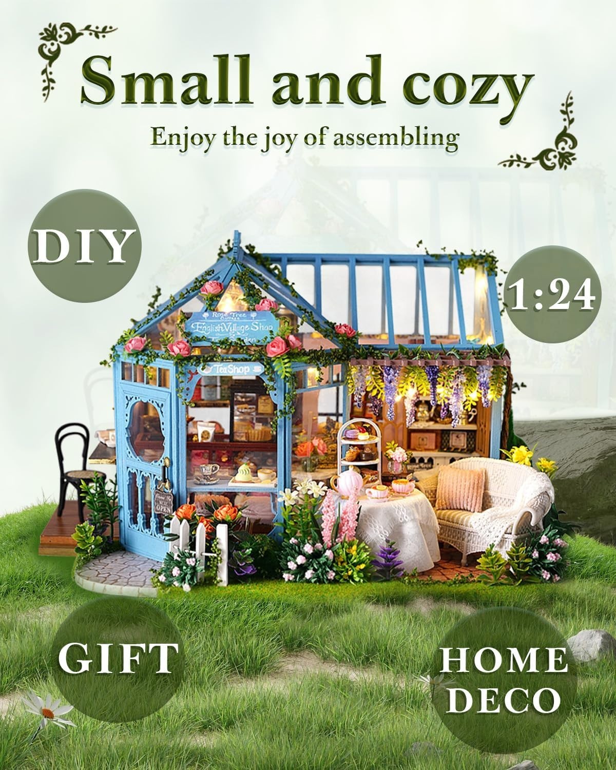DIY Book Nook Kit Rose Garden Tea House LED Miniature Bookend Decor