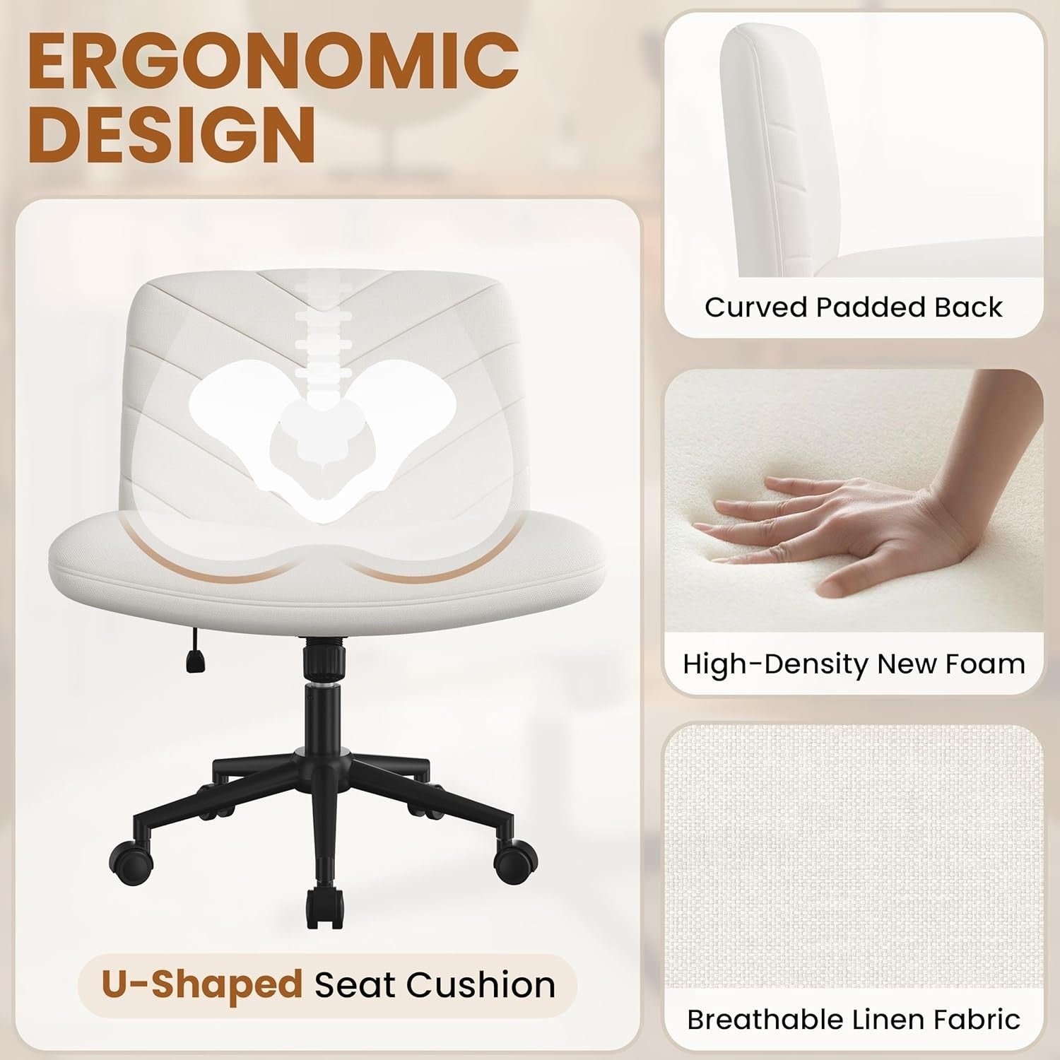 Armless Office Desk Chair Padded Cross Legged Swivel Adjustable Height Beige