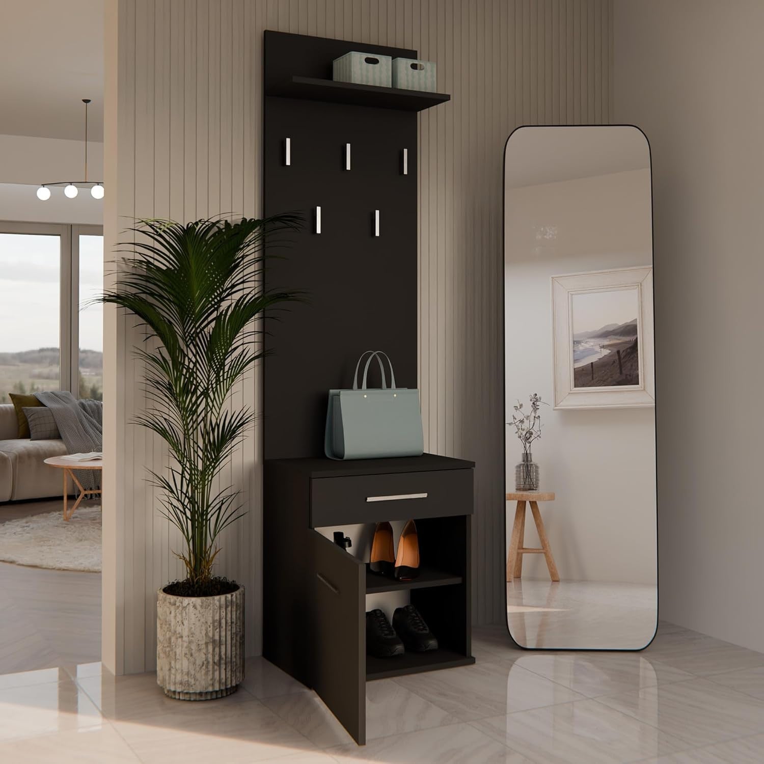 Modern Black Double Wardrobe with Drawers, Hooks & Shoe Storage 180cm