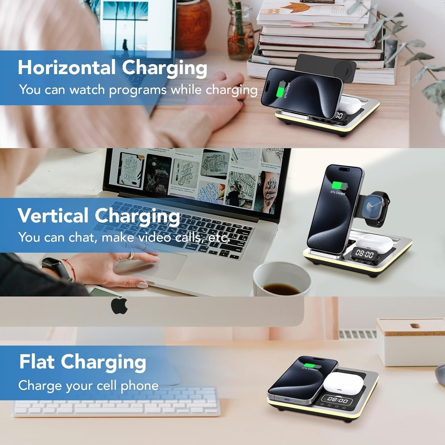 5 in 1 Foldable Wireless Charging Station Night Light Alarm Clock Stand
