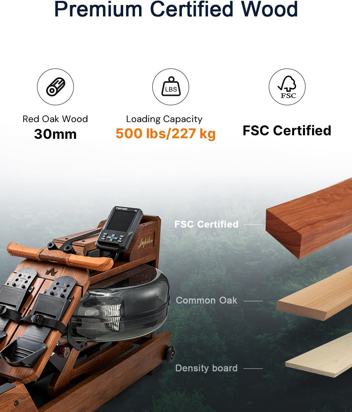 Oak Wood Water Rowing Machine Bluetooth LCD Home Rower 400LB Capacity