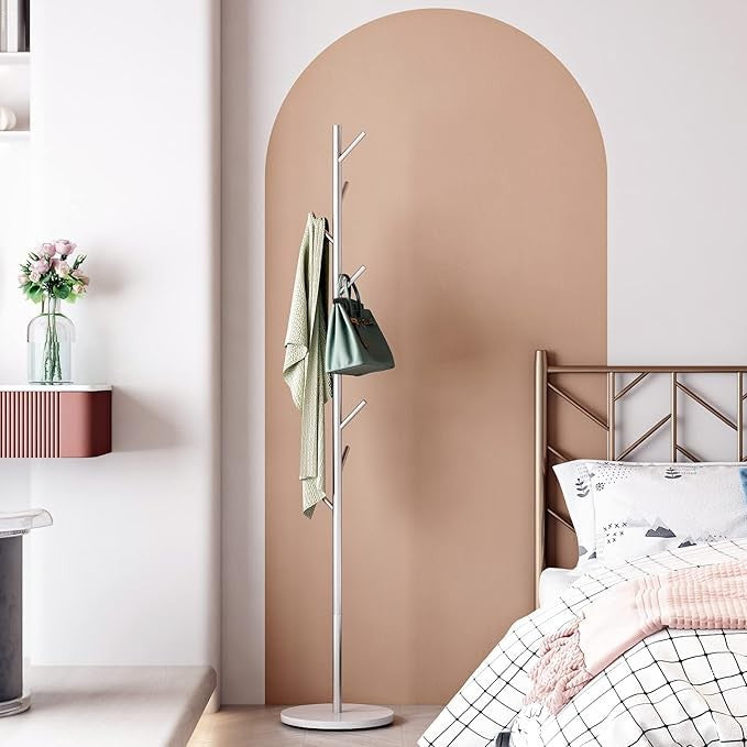Silver Metal Coat Rack with Marble Base | Freestanding Hall Tree for Coats, Hats
