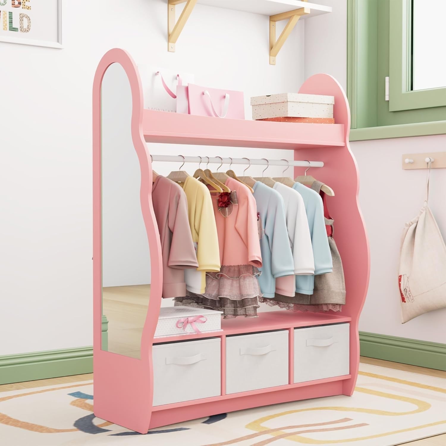 Kids Wardrobe with Mirror, 3 Drawers & Hanging Rail, Pink Cloud Design