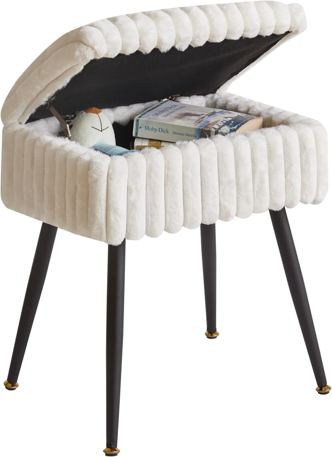 White Velvet Vanity Stool with Storage – Rectangular Ottoman for Bedroom