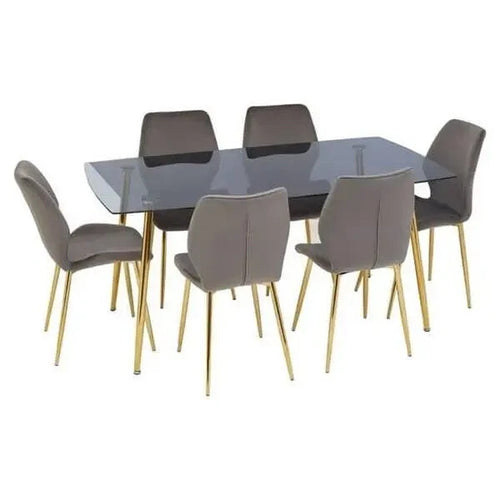 7 Piece Grey Glass Dining Table Set Velvet Chairs Gold Legs Modern Room