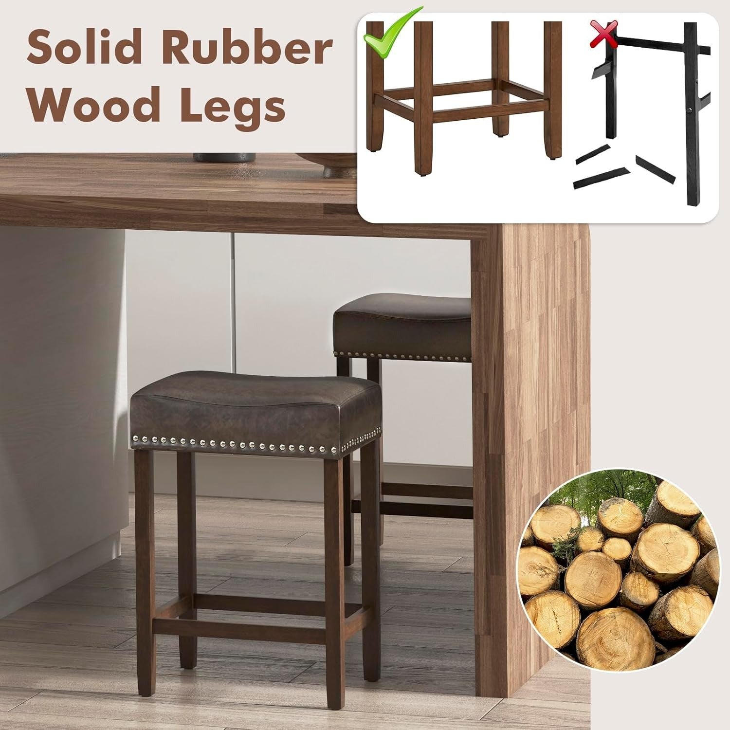 Gray & Brown Saddle Bar Stools Set of 2 – Solid Wood Chairs