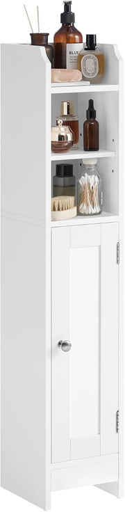 Slim White Bathroom Storage Cabinet with Door, Adjustable Shelves & Narrow Desig