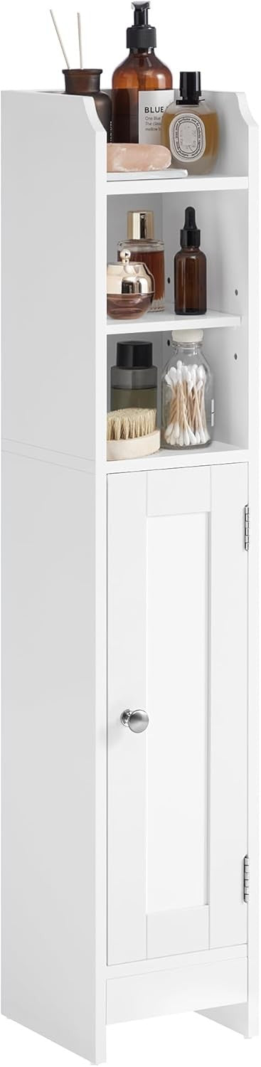 Slim White Bathroom Storage Cabinet with Door, Adjustable Shelves & Narrow Desig