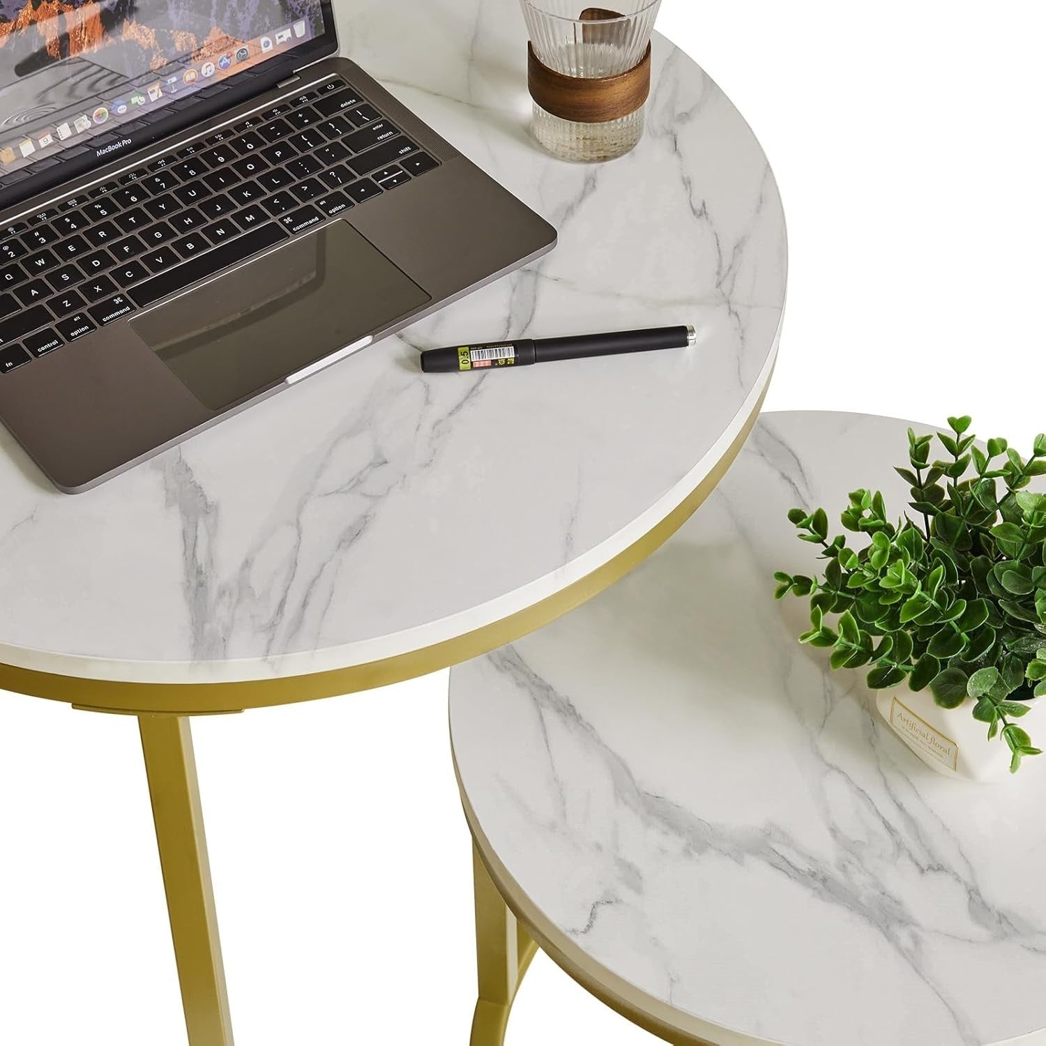 Round Nesting Coffee Tables Set of 2 – Space Saving Modern White Gold Side Table